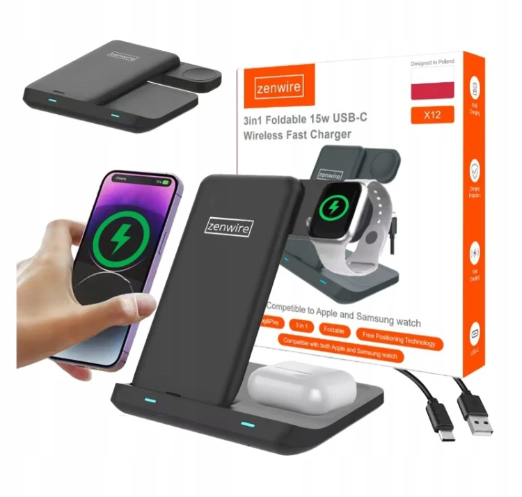 Ładowarka Bezprzewodowa 3w1 USB-C Indukcyjna do Telefonu Smartfona Zegarka Watch Słuchawek TWS Airpods Buds Zenwire X12