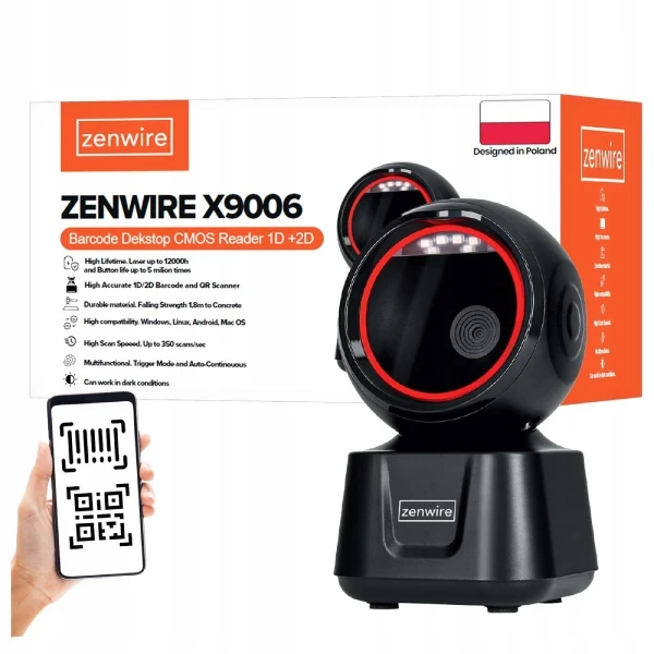 Czytnik Kodów Kreskowych Skaner QR 1D 2D USB Przewodowy Stacjonarny EAN GS1 Zenwire X9006 - zdjęcie 1