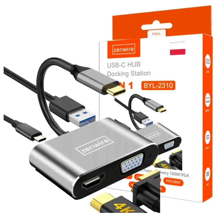 ADAPTÉR HUB USB-C 4W1 HDMI 4K VGA USB Zenwire BYL-2310 - fotka 1