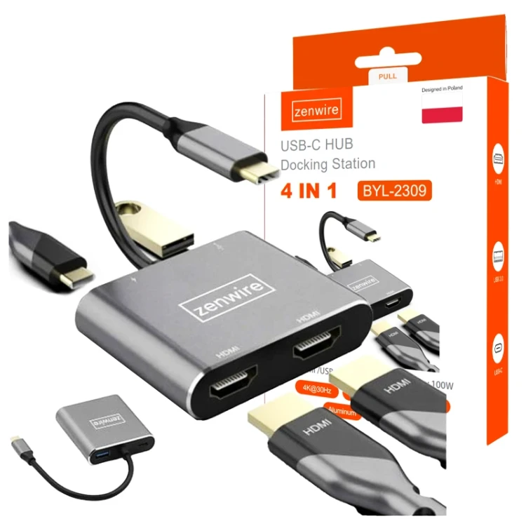 ADAPTÉR HUB USB-C 4W1 2x HDMI 4K USB Zenwire BYL-2309 - fotka 1