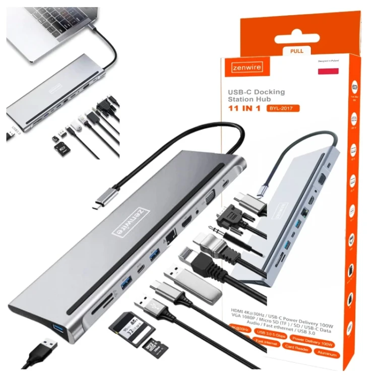 USB-C HUB 11w1 VGA RJ45 HDMI 4K ZenWire BYL-2017 - fotka 1