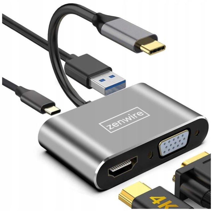 ADAPTÉR HUB USB-C 4W1 HDMI 4K VGA USB Zenwire BYL-2310 - fotka 2